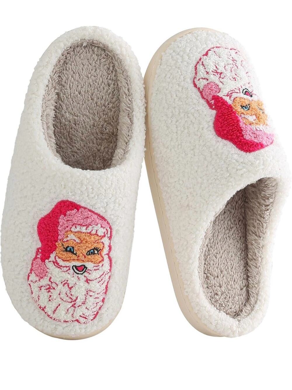White Sherpa Santa Face Slip-On comfy and cozy Slippers NEW size 5-6